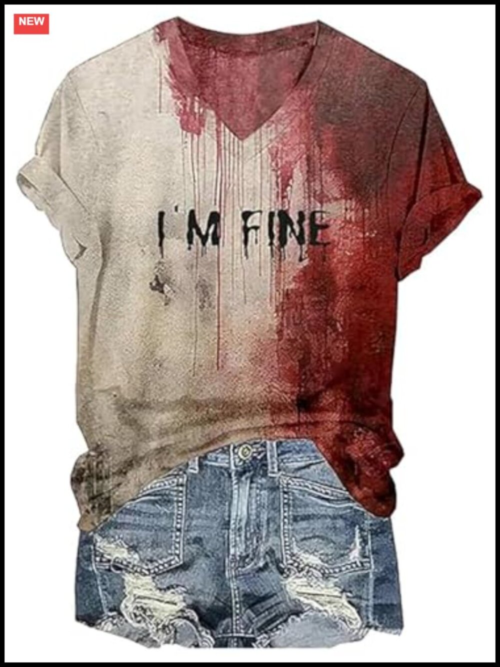 I'm Fine Blood Graphic V-Neck T-Shirt Cotton Blend Halloween Sarcastic Humor Tee